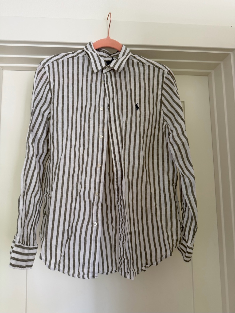 Ralph Lauren Olive and White Vertical Stripe Linen Button-Down Shirt